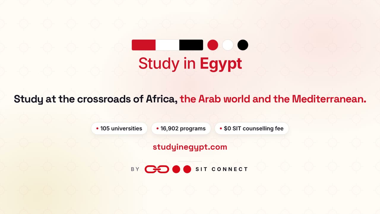 Promotional video about studying in Egypt: a student pass stamped admitted, six application steps completed one by one, and student cities in Egypt.